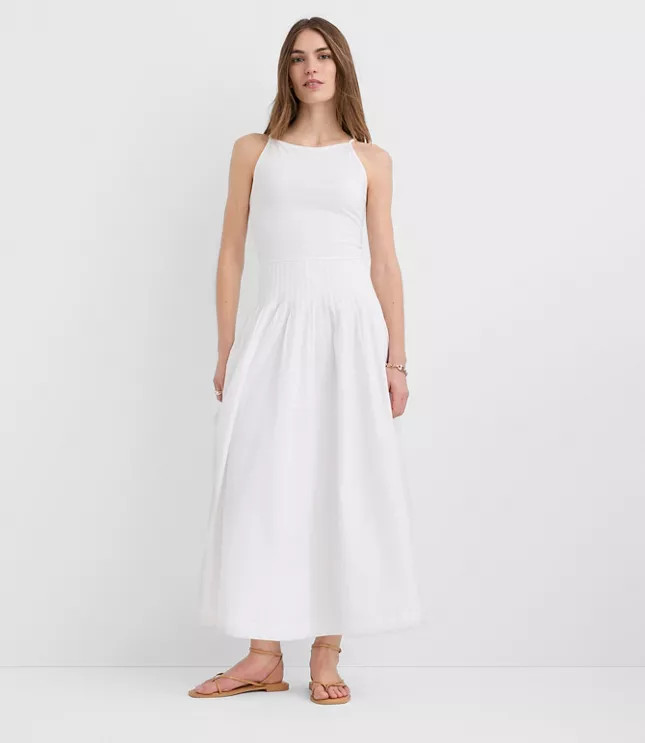 Pleated Mixed Media Midi Halter Dress | LOFT