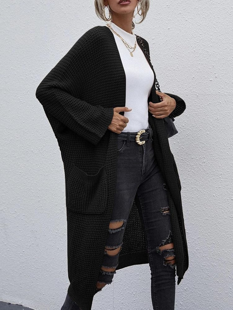 MACNOORA Womens Waffle Knit Long Cardigans 2022 Fall Oversized Slouchy Knit Open Front Sweater Coat  | Amazon (US)