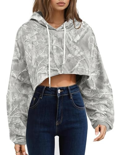 SOFIA'S CHOICE Women'S Camo Cropped Hoodies Y2K Long Sleeve Hooded Sweatshirts Oversized Pullover Top White Camo X-Large | Amazon (US)