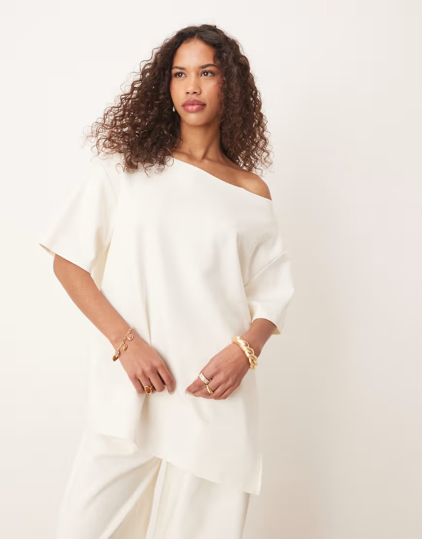 ASOS DESIGN interlock co-ord off shoulder sweat in coconut milk-Neutral | ASOS (Global)