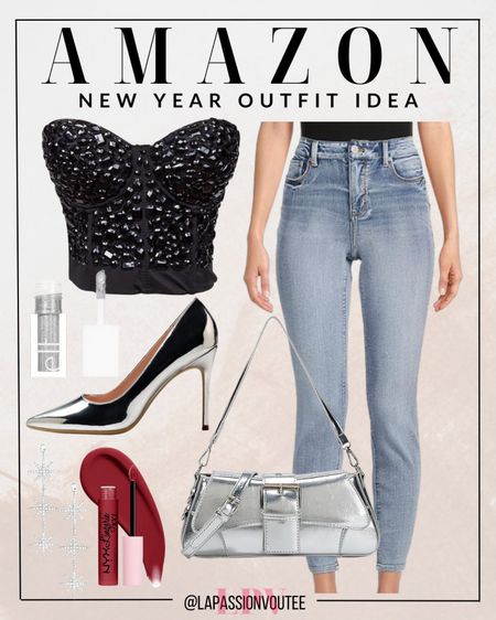 Rock the New Year with a bold twist! Pair a rhinestone corset bra with stylish jeans, killer pumps, and a funky bag that screams fun. Add flair with glitter eyeshadow, rhinestone earrings, and seal the edgy look with a pop of red lipstick. Amazon's got the essentials for your sassy and chic celebration!

#LTKstyletip #LTKSeasonal #LTKHoliday