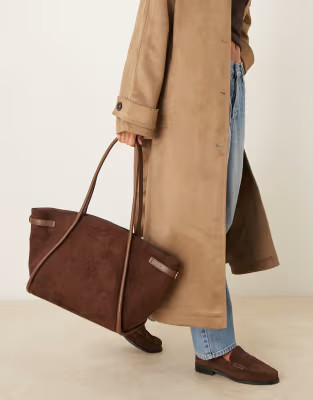 ASOS DESIGN faux suede belted tote bag in chocolate | ASOS (Global)