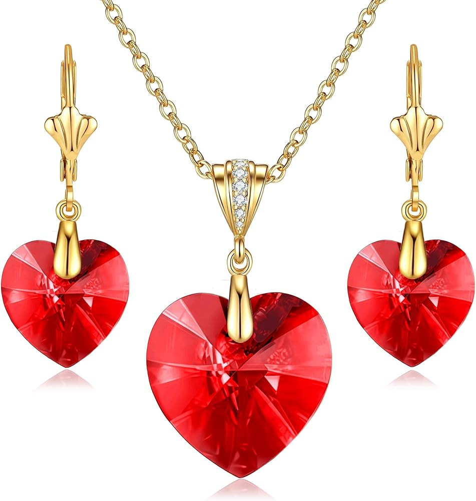 EVEVIC Austrian Crystals Heart Pendant Necklace Earrings for Women 14K Gold Plated Hypoallergenic... | Amazon (US)