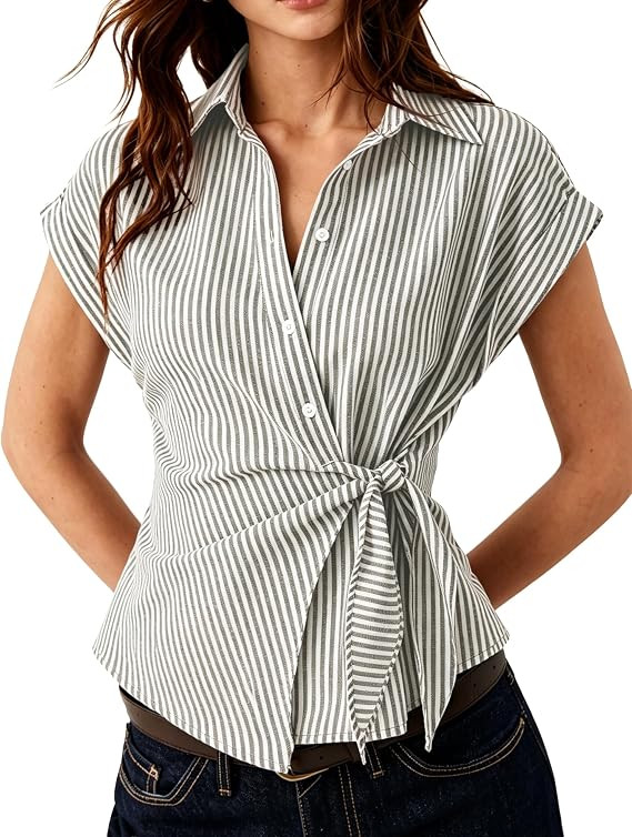 Women's Striped Button Down Shirt Blouse Short Sleeve Front Tie Asymmetric Hem Casual Top for Wor... | Amazon (US)