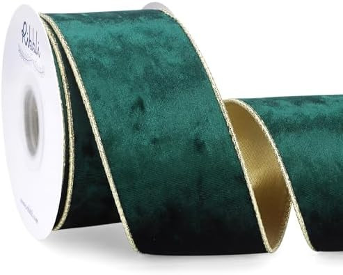 Ribbli Forest Green Velvet Wired Ribbon 2.5 Inch Metallic Dark Green Gold Crushed Velvet Christma... | Amazon (US)