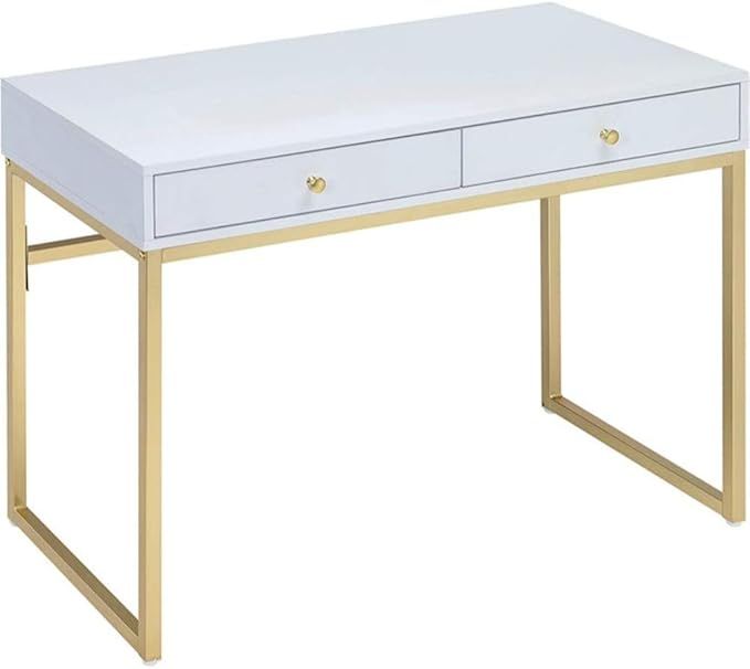 Benjara, White and Gold Benzara Wooden Storage Desk with Metal Sled Legs | Amazon (US)