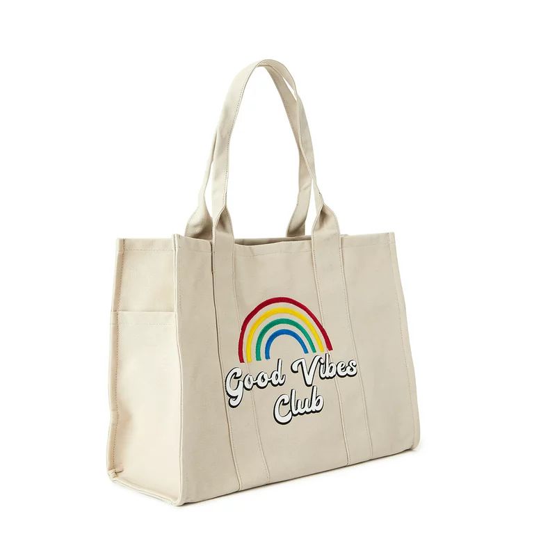 Time and Tru Women's Elevated Canvas Tote Bag Papyrus Beige Good Vibes Club - Walmart.com | Walmart (US)
