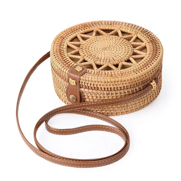 Handwoven Round Rattan Bag Shoulder Leather Straps Natural Chic Hand  NATURALNEO: Handbags