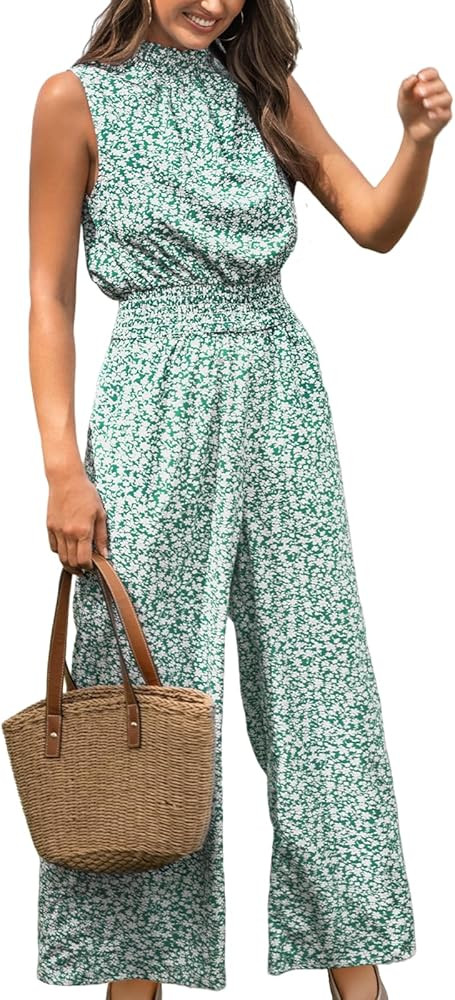 CUPSHE Women Floral Summer Maxi Jumpsuit with Pocket Mock Neck Elastic Waist Wide Leg Business We... | Amazon (US)