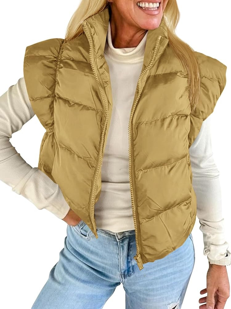 Tankaneo Womens Cropped Puffer Vest Cap Sleeve Zip Up Puffy Qulited Jacket Stand Collar Padded Gi... | Amazon (US)