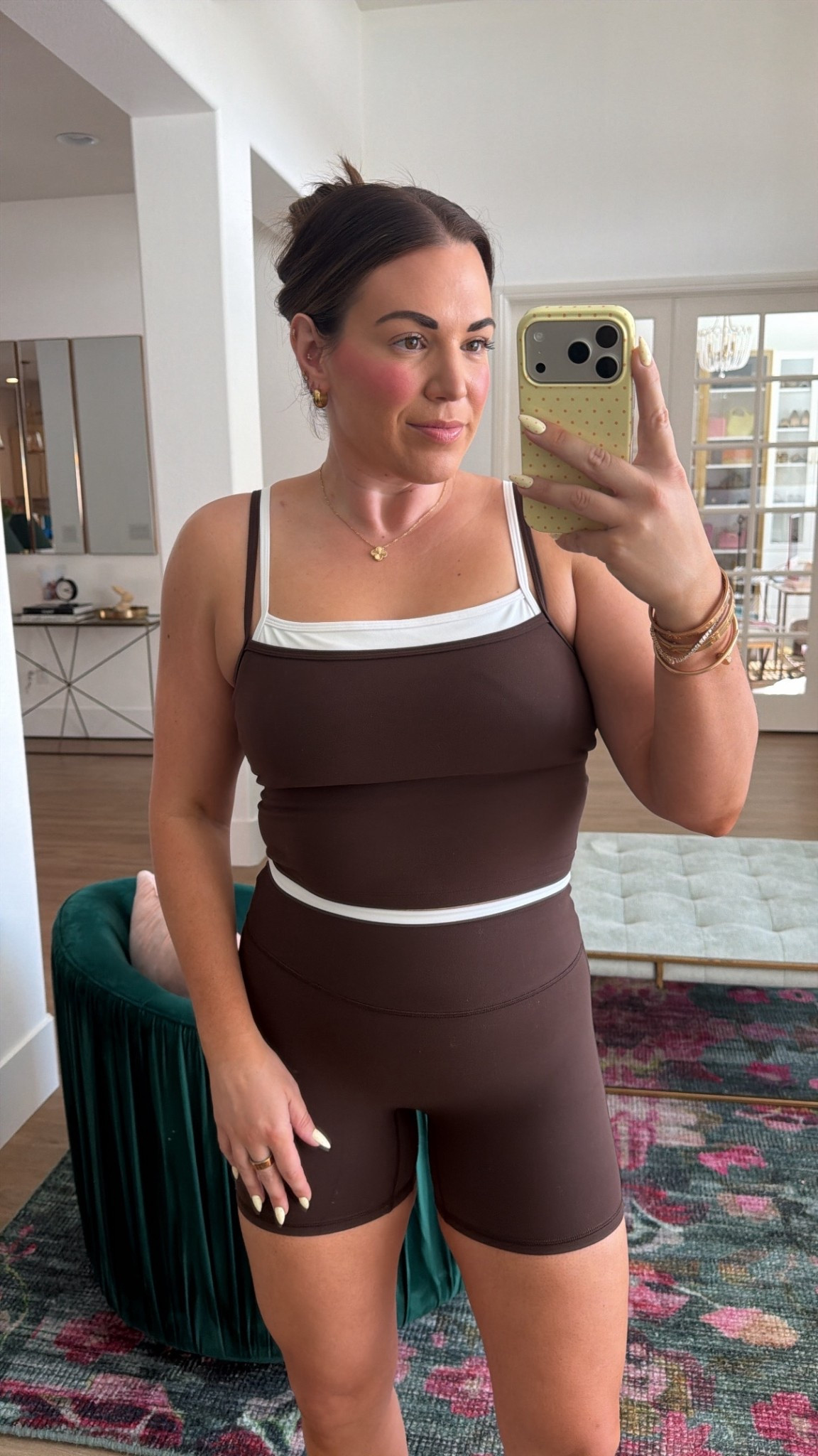 curvy midsize workout look! wearing size large in brown layered top and size medium in brown shorts! 

#LTKfitnessgoals #LTKMidsize #LTKActive