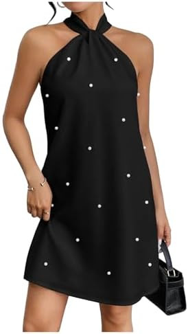 Floerns Women's Pearl Beaded Halter Twist Sleeveless Tie Back Dress A Line Dress | Amazon (US)