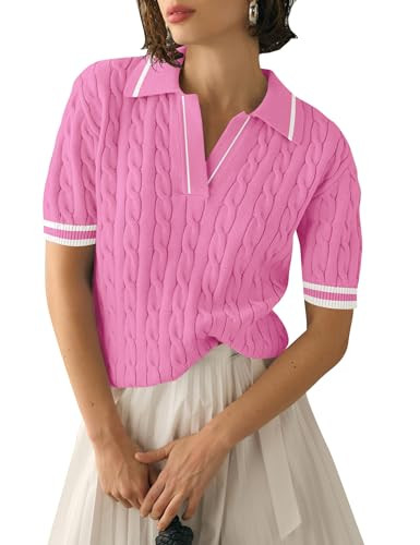 Micoson Womens Short Sleeve Lightweight Sweater Tops Lapel V Neck Cable Knit Polo Shirts Summer L... | Amazon (US)