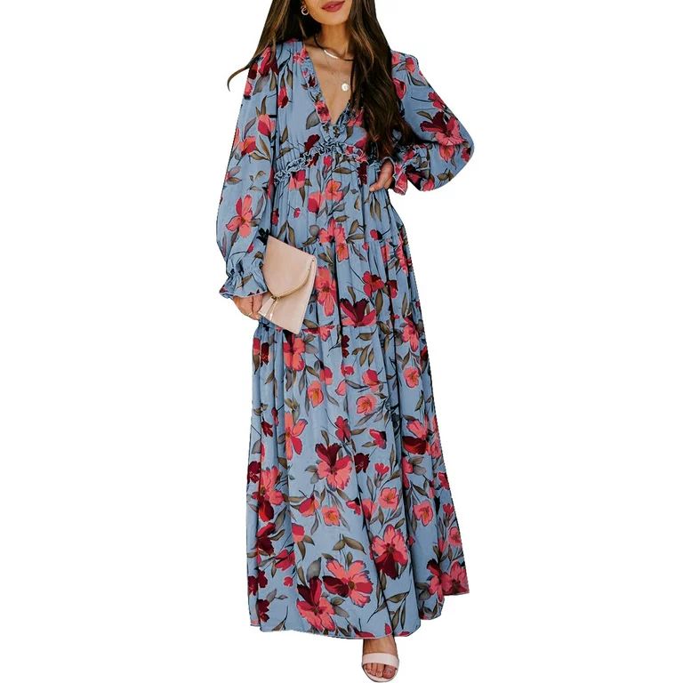 SHEWIN Womens Long Sleeve Bohemian Floral Maxi Dresses Loose Casual High Waist Boho Printed Beach... | Walmart (US)