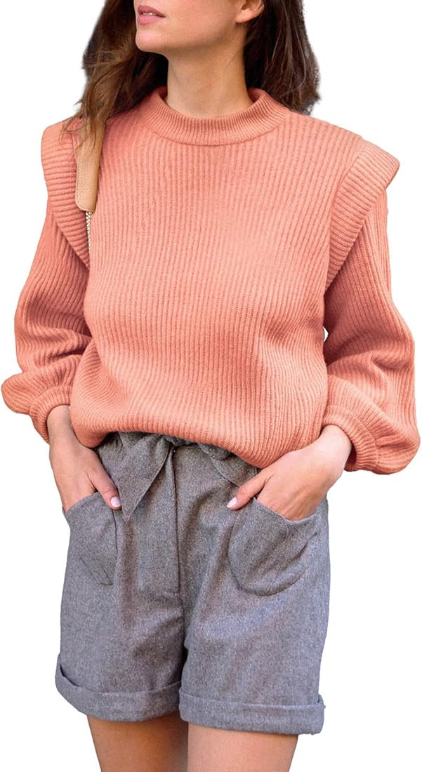 PRETTYGARDEN Women's Sweaters Casual Long Lantern Sleeve Crewneck Ribbed Knit Pullover Striped Ju... | Amazon (US)