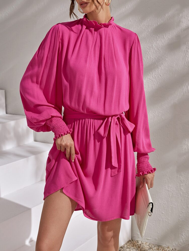SHEIN Frill Neck Lantern Sleeve Belted Dress | SHEIN