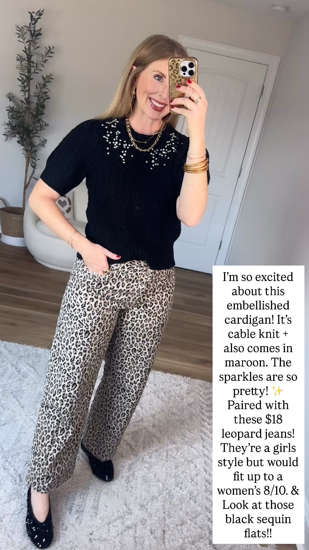Walmart outfit- leopard jeans and embellished sweater