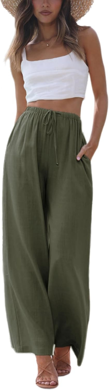 Faleave Women's Cotton Linen Summer Palazzo Pants Flowy Wide Leg Beach Trousers with Pockets | Amazon (US)
