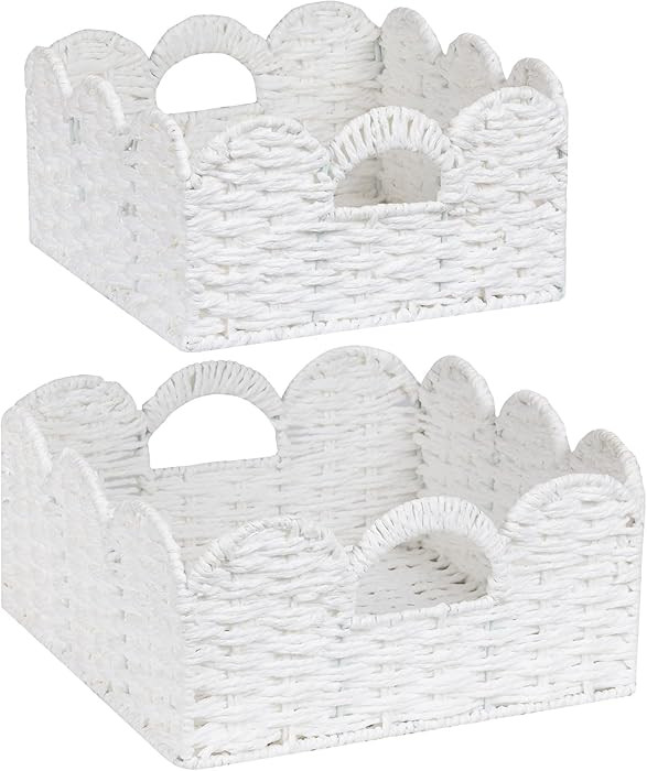 Scalloped Wicker Basket Natural Paper Rope Storage Baskets with Handles Handwoven Organizer Bin W... | Amazon (US)