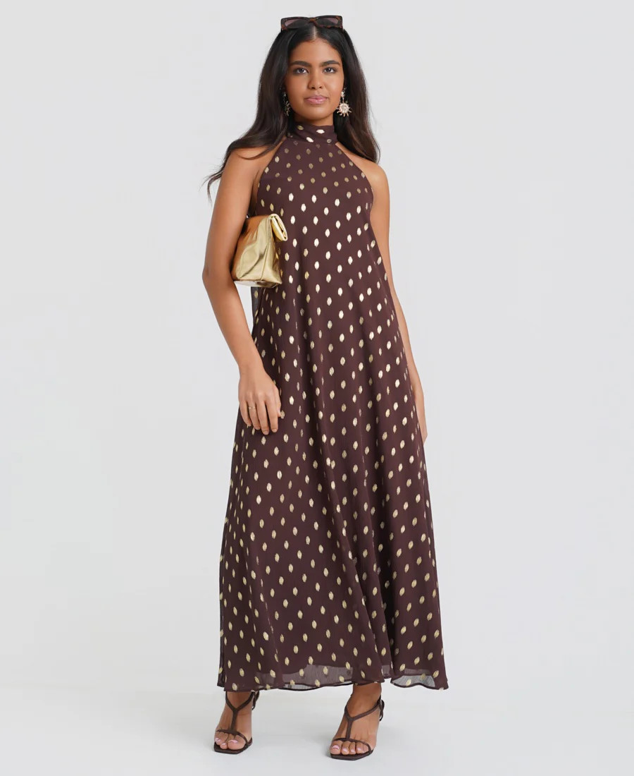 Dark Brown Foil Halter Maxi Dress | Needs No Label