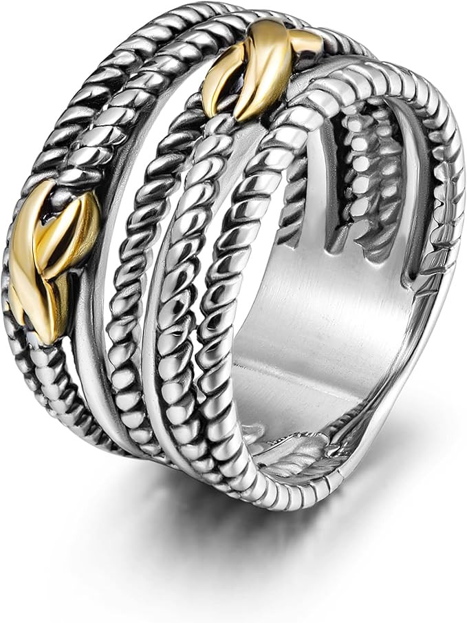 Léwind Silver Gold Cocktail Rings for women, 13mm Wide Band Rings, 2-Tone Intertwined Chunky Sta... | Amazon (US)