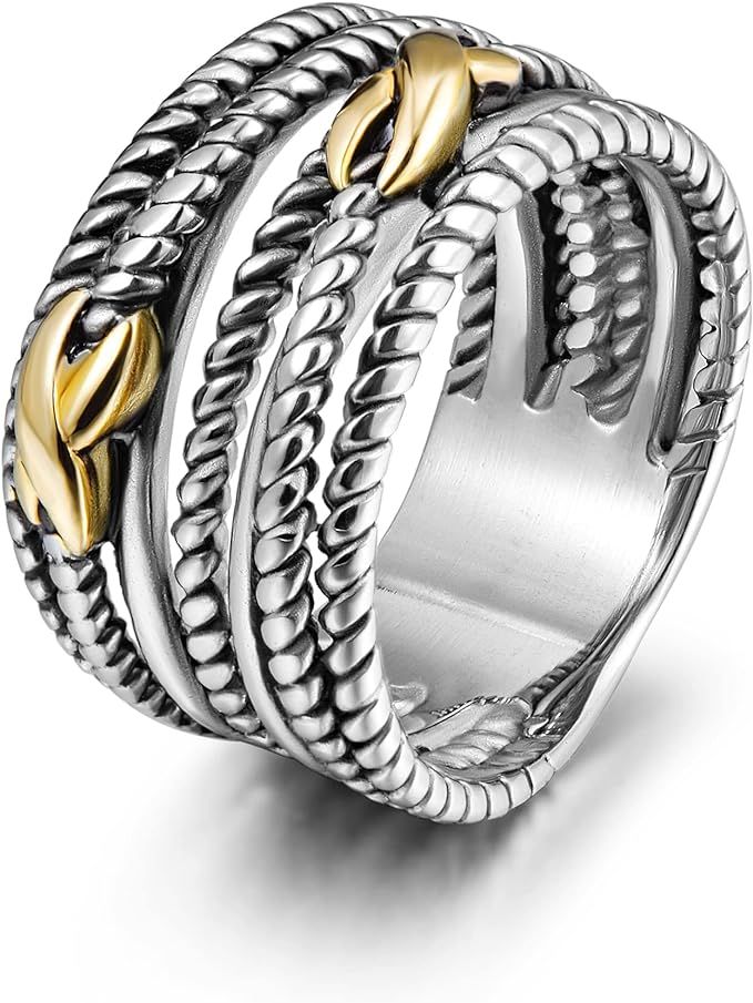 Léwind Silver Gold Cocktail Rings for women, 13mm Wide Band Rings, 2-Tone Intertwined Chunky Sta... | Amazon (US)