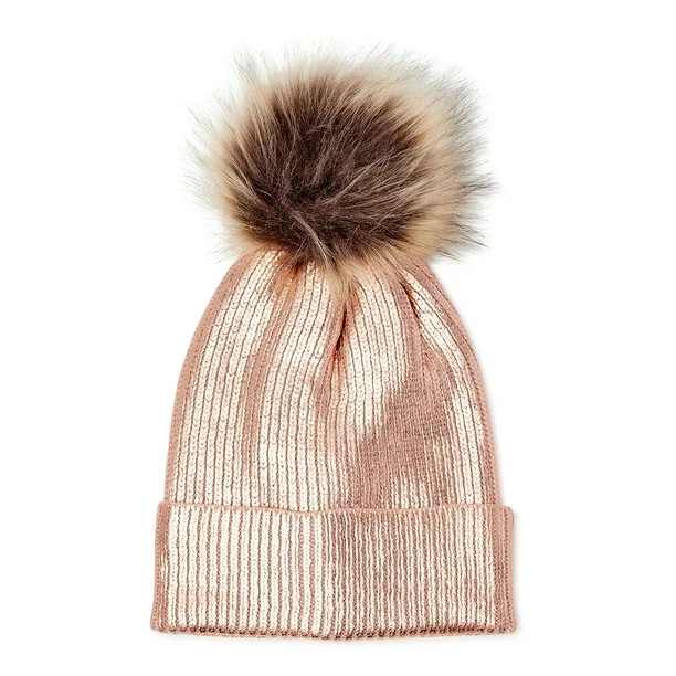 Scoop Women's Metallic Beanie Hat with Faux Fur Pom - Walmart.com | Walmart (US)