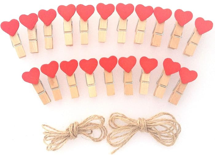LWR CRAFTS Red Heart Wooden Mini Clothespins 20 Pieces and Jute Cord 8ft | Amazon (US)