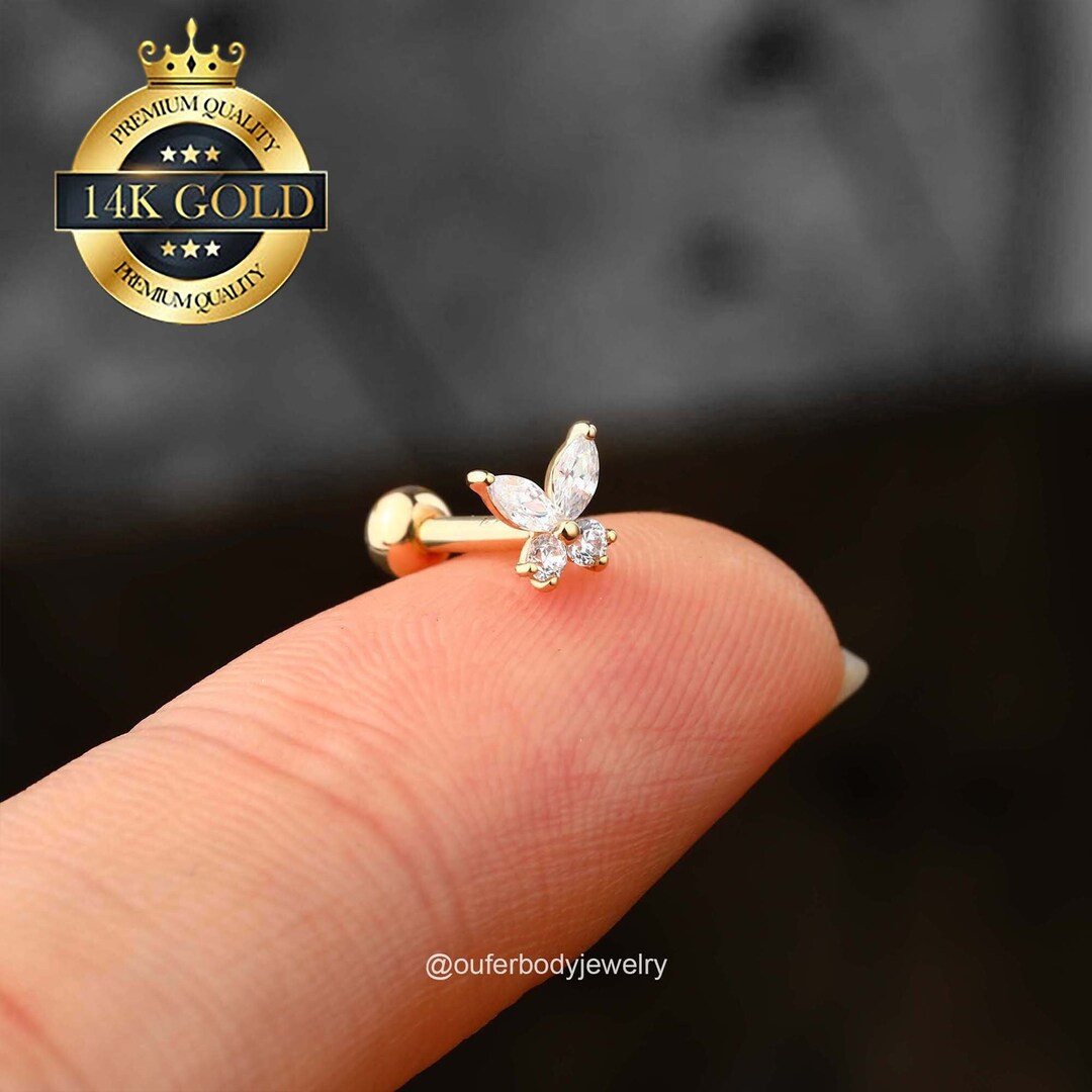 14K Solid Gold Butterfly Cartilage Stud Earring/Helix Stud/Conch Stud/Tragus Stud/Internally thre... | Etsy (US)