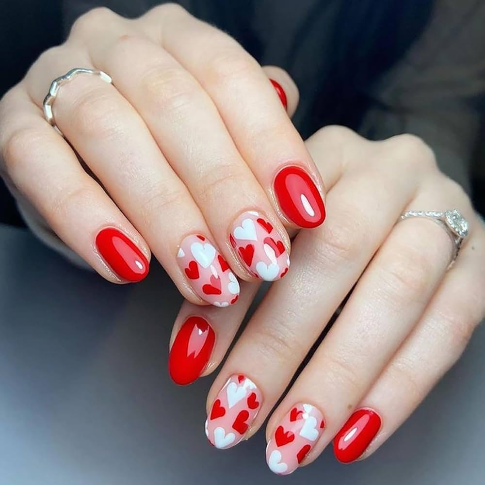 Valentine Press on Nails Short Square Fake Nails Red Glossy False Nails Romantic Heart Acrylic Na... | Amazon (US)