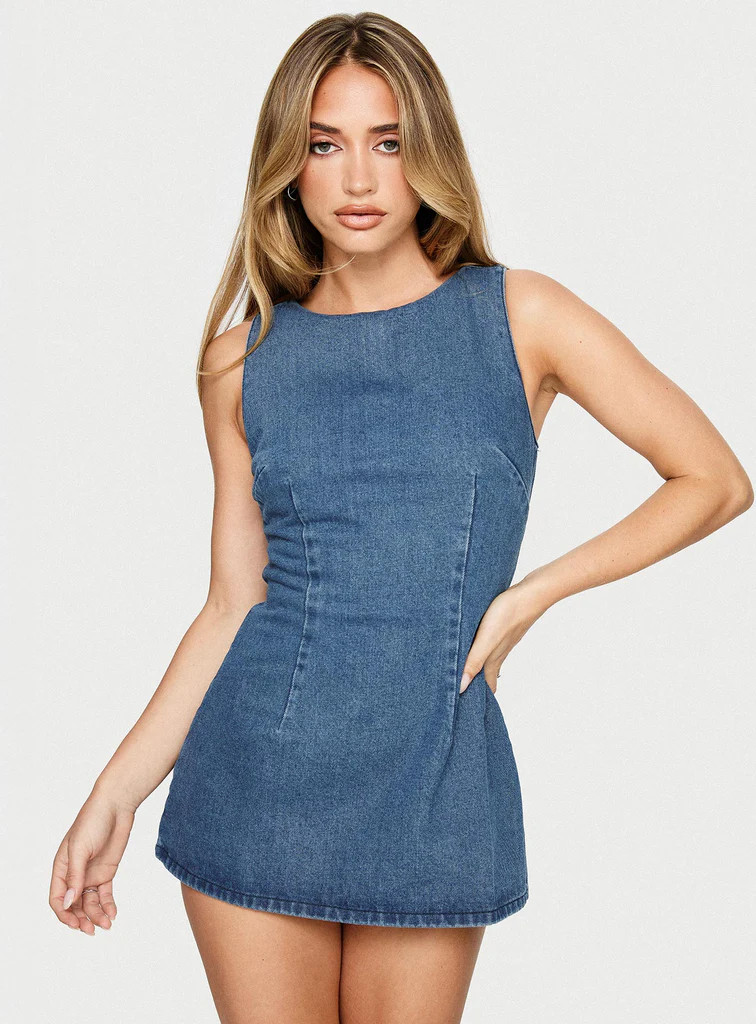 Ainsleigh Shift Denim Playsuit Mid Blue Wash | Princess Polly US