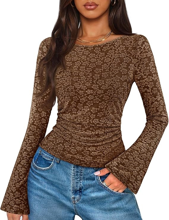 MEROKEETY Women's Bell Long Sleeve Shirts 2025 Fall Floral Going Out Tops Slim Fit Y2k Clothes Ou... | Amazon (US)