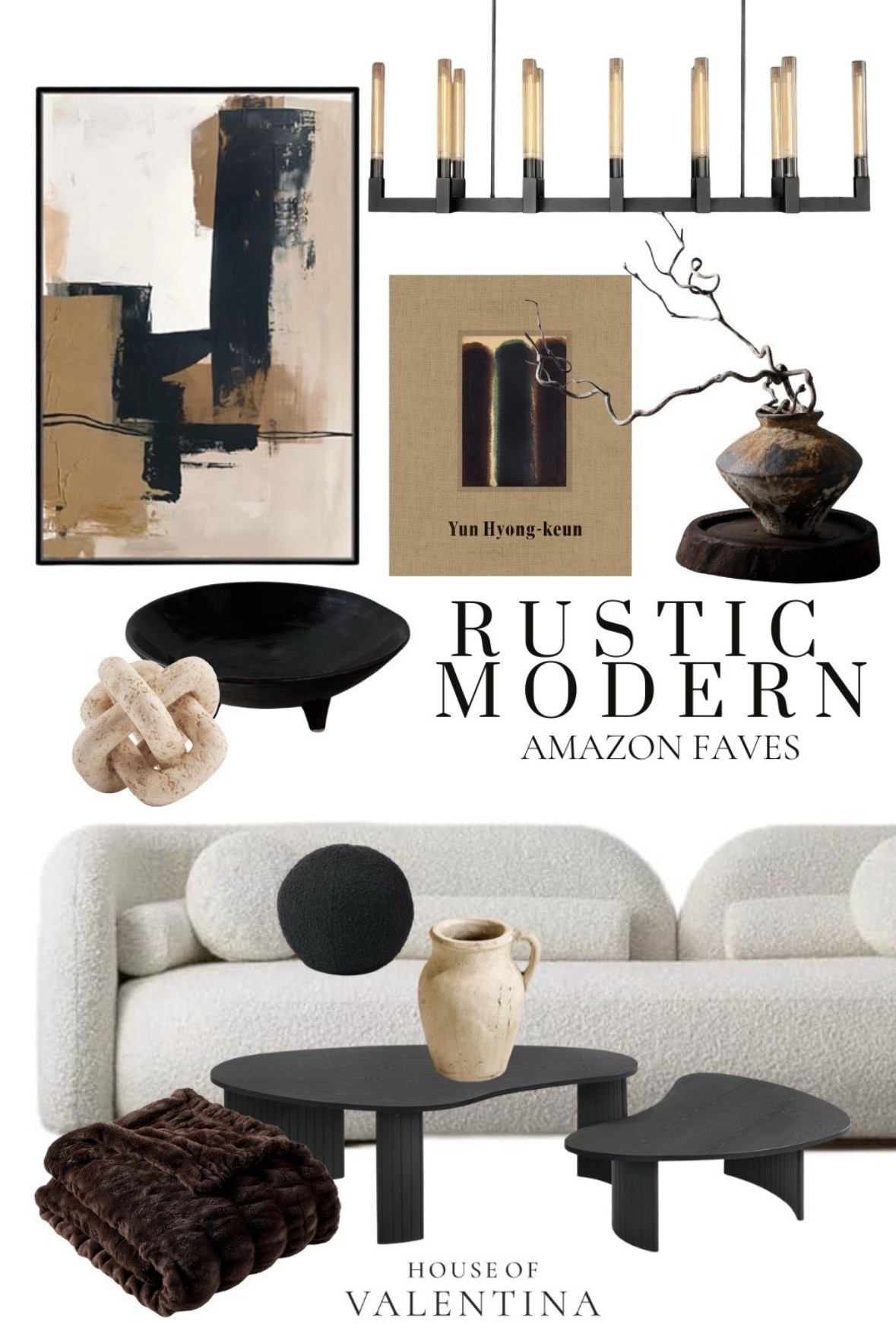 I’m obsessed with these Rustic Modern Amazon finds—they’re giving all the cozy, moody vibes I crave! This mix of textured neutrals, sculptural forms, and earthy tones completely transforms a space. That boucle sofa paired with the black coffee tables? Total perfection. And don’t get me started on the abstract art, stoneware, and that stunning chandelier—every piece feels elevated yet grounded. I love how each item balances warmth with bold contrast. It’s like minimalist meets cozy cabin chic. Honestly, I could style an entire room with just these picks. Can’t believe these are all from Amazon—major win for stylish interiors!

#LTKHome #LTKStyleTip #LTKSeasonal