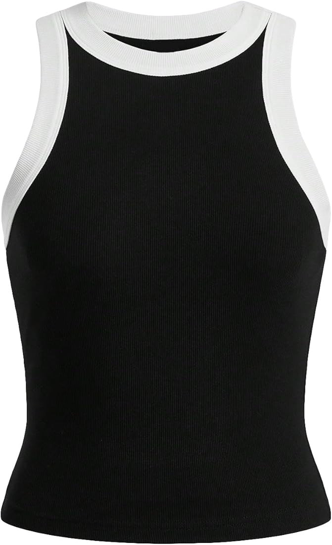 Milumia Women's Basic Color Block Crew Neck Crop Tank Top Casual Contrast Binding Fitted Vest Shi... | Amazon (US)
