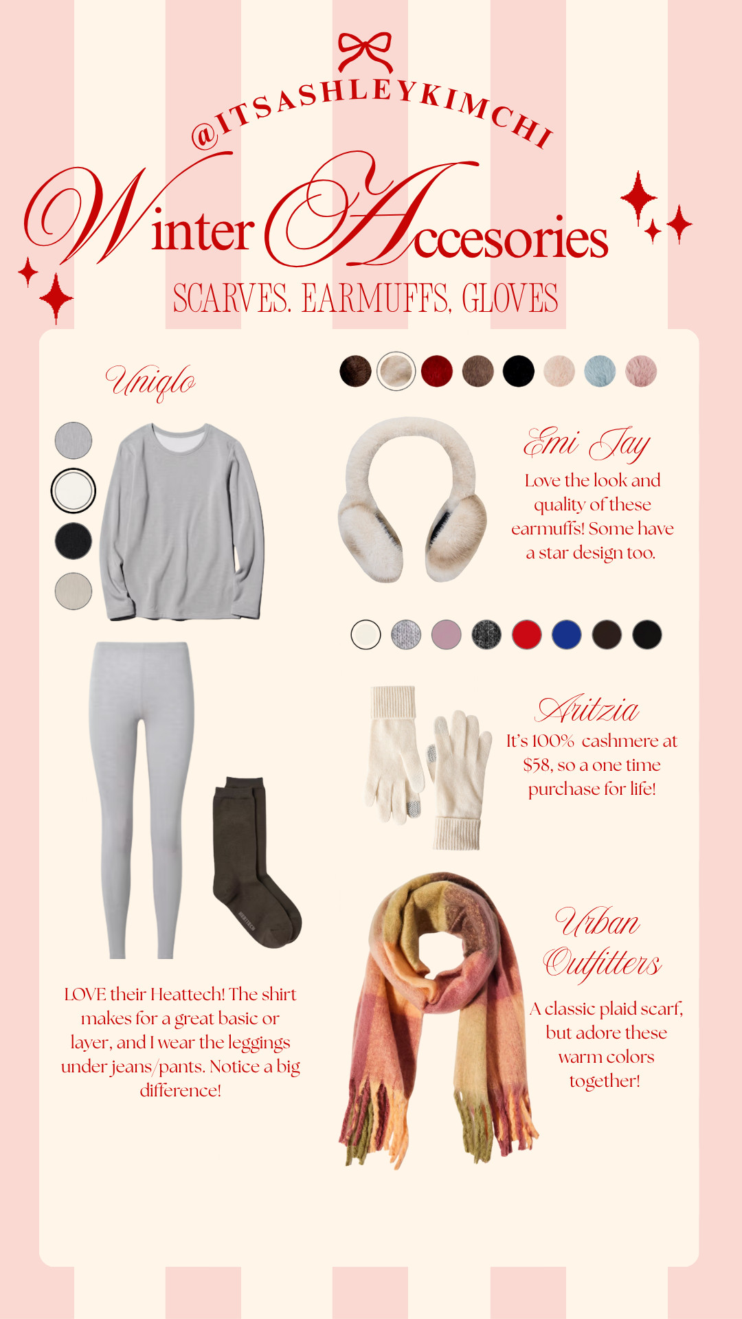 winter fashion accessories! perfect to spice up your winter wardrobe ;)

can personally swear by the uniqlo heattech for when i lived in seattle and it was freezing. it made a huge difference!

winter scarves, winter layers, layering for winter, plaid scarf, winter earmuffs, uniqlo heattech, cashmere gloves, winter gloves, aritzia winter fashion 

 #LTKHoliday #LTKSeasonal #LTKFindsUnder100