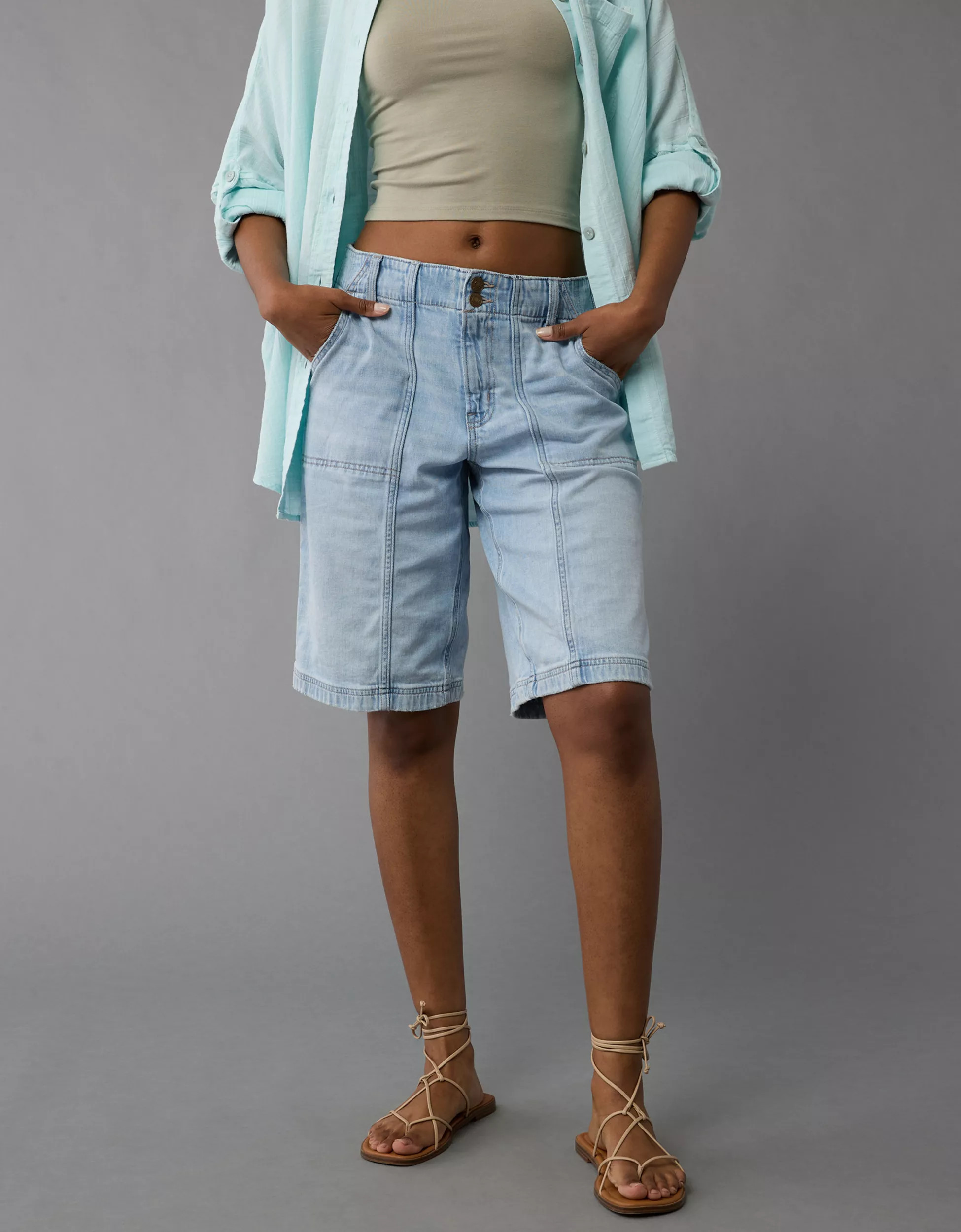 AE Dreamy Drape Stretch Low-Rise Baggy Bermuda Cargo Denim Short | American Eagle Outfitters (US & CA)