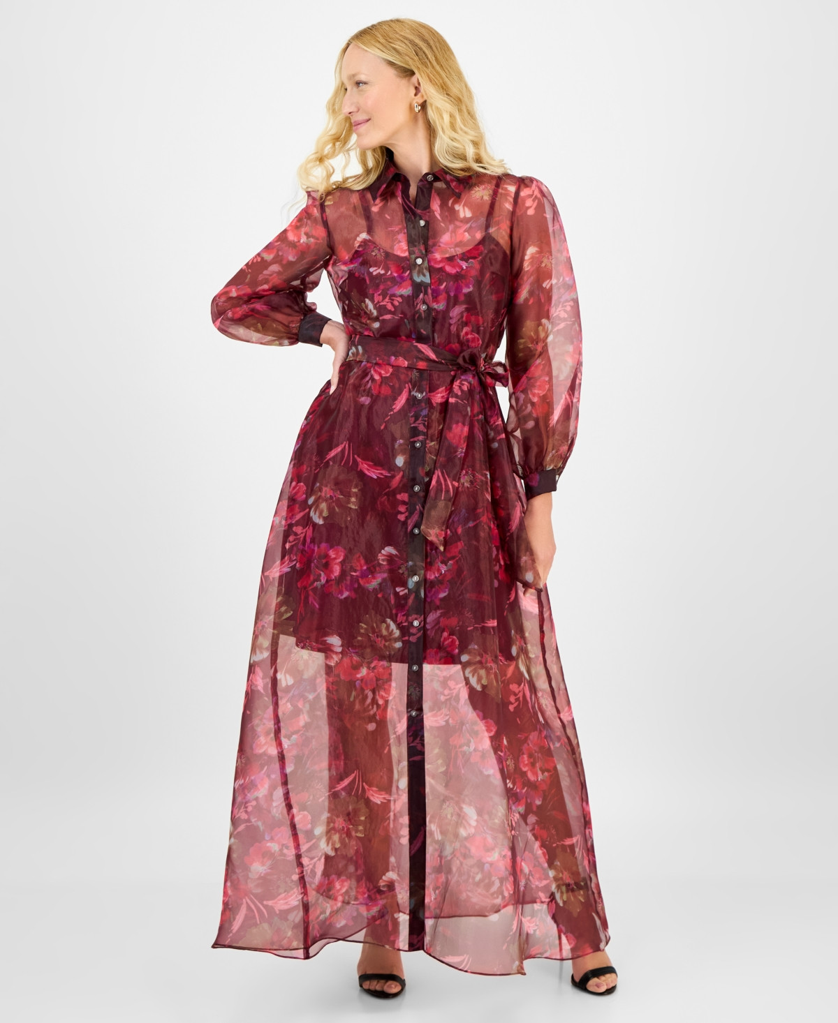 julia jordan Women's Printed Button-Front Long-Sleeve Gown - Burgndpink | Macy's