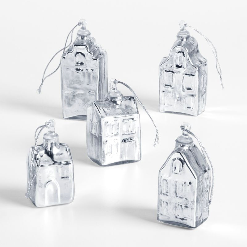 Mercury Glass Winter Village Christmas Ornaments, Set of 5 | Crate & Barrel | Crate & Barrel