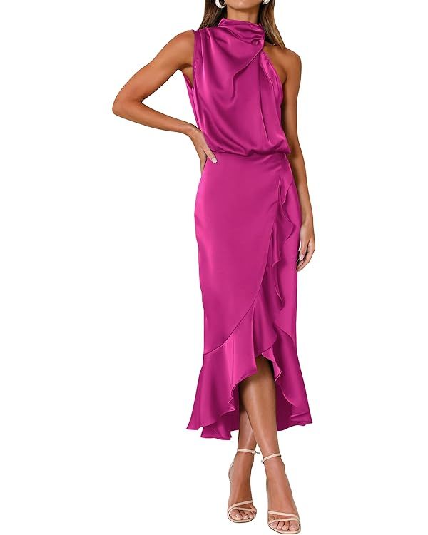 KIRUNDO Womens 2024 Summer Satin Mock Neck Party Cocktail Midi Dress Sleeveless Wrap Ruffle Merma... | Amazon (US)