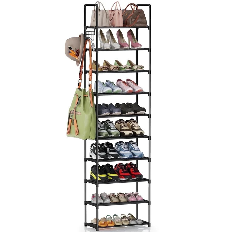 10 Tier Metal Shoes Rack, Bug Hull Narrow Stackable Shoes Shelf with Hooks, Shoe Tower for 20-24 ... | Walmart (US)