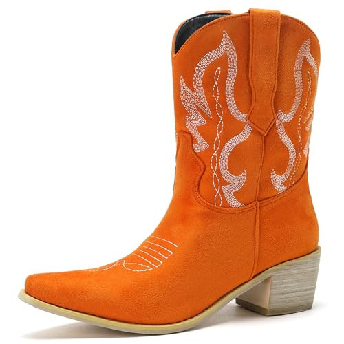Cozivwaiy Suede Cowboy Boots For Women Pointed Toe Ankle Boot Embroidered Western Boots Retro Fall Booties Orange 9.5 | Amazon (US)