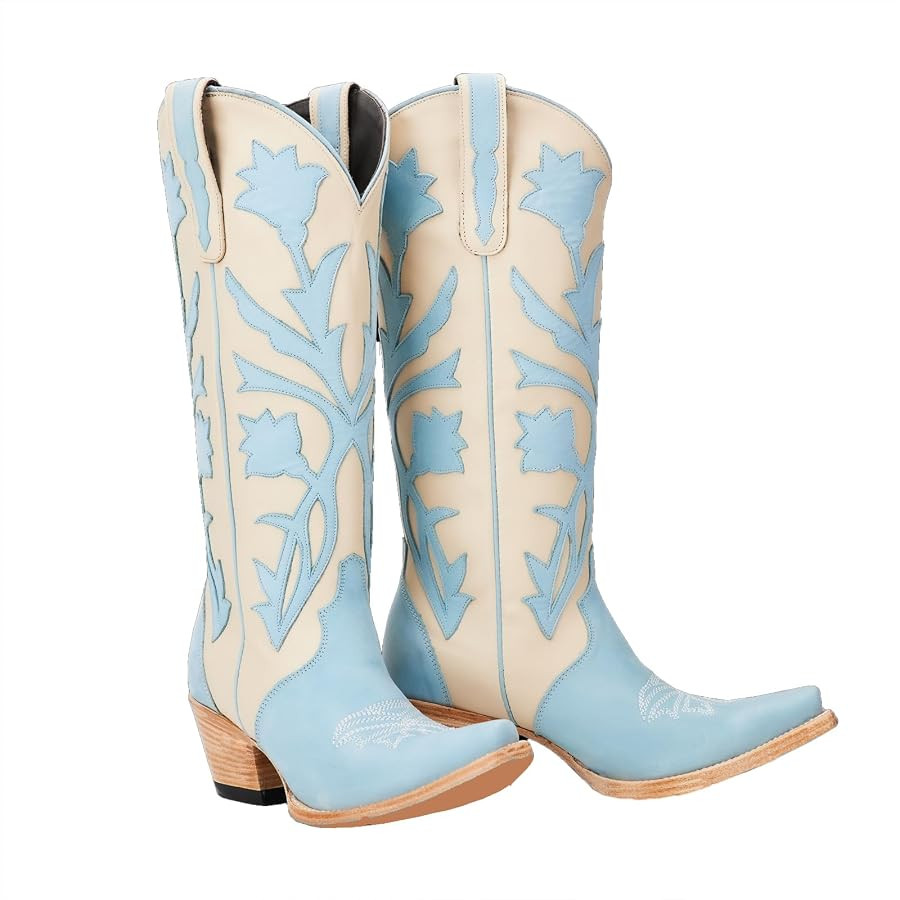 Floral Embroidered Cowboy Boots for Women Western Mid Calf Boots Chunky Low Heel Comfortable Wide... | Amazon (US)