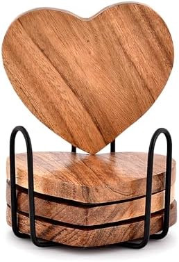 Samhita Acacia Wood Heart Shape Coaster Set of 4 with Iron Holder for Coffee Table Décor Housewa... | Amazon (US)
