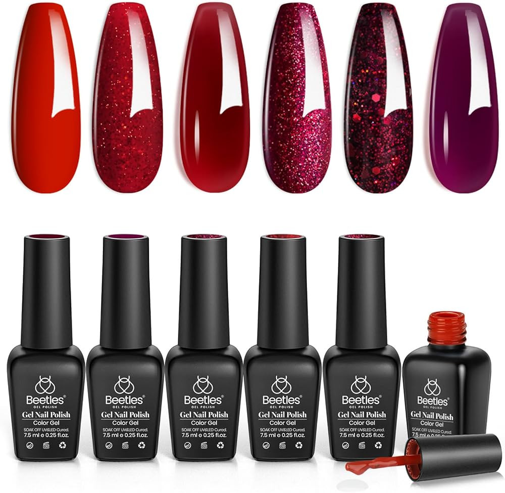 Beetles Red Gel Nail Polish Set, Poinsettia Kit Dark Red Burgundy Red Glitter Gel Polish Kit Soak... | Amazon (US)