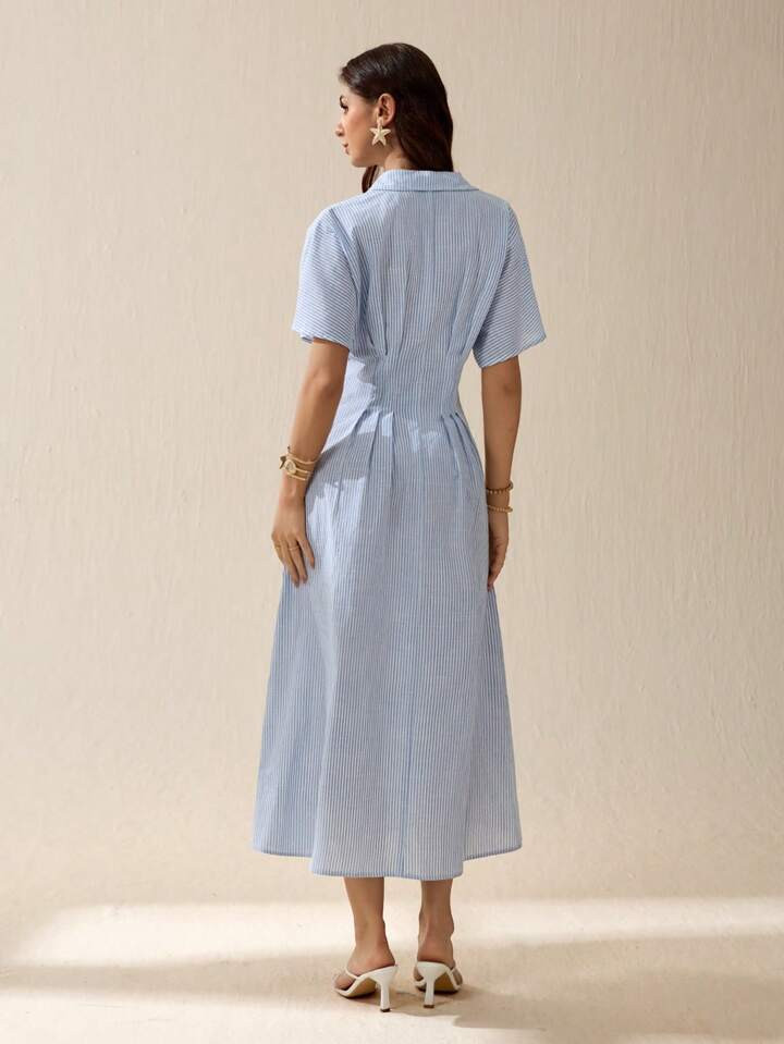 SHEIN Tall Women's Summer Waist Cinched Pleat Single-Breasted Stripe Short Sleeve Shirt Dress | SHEIN