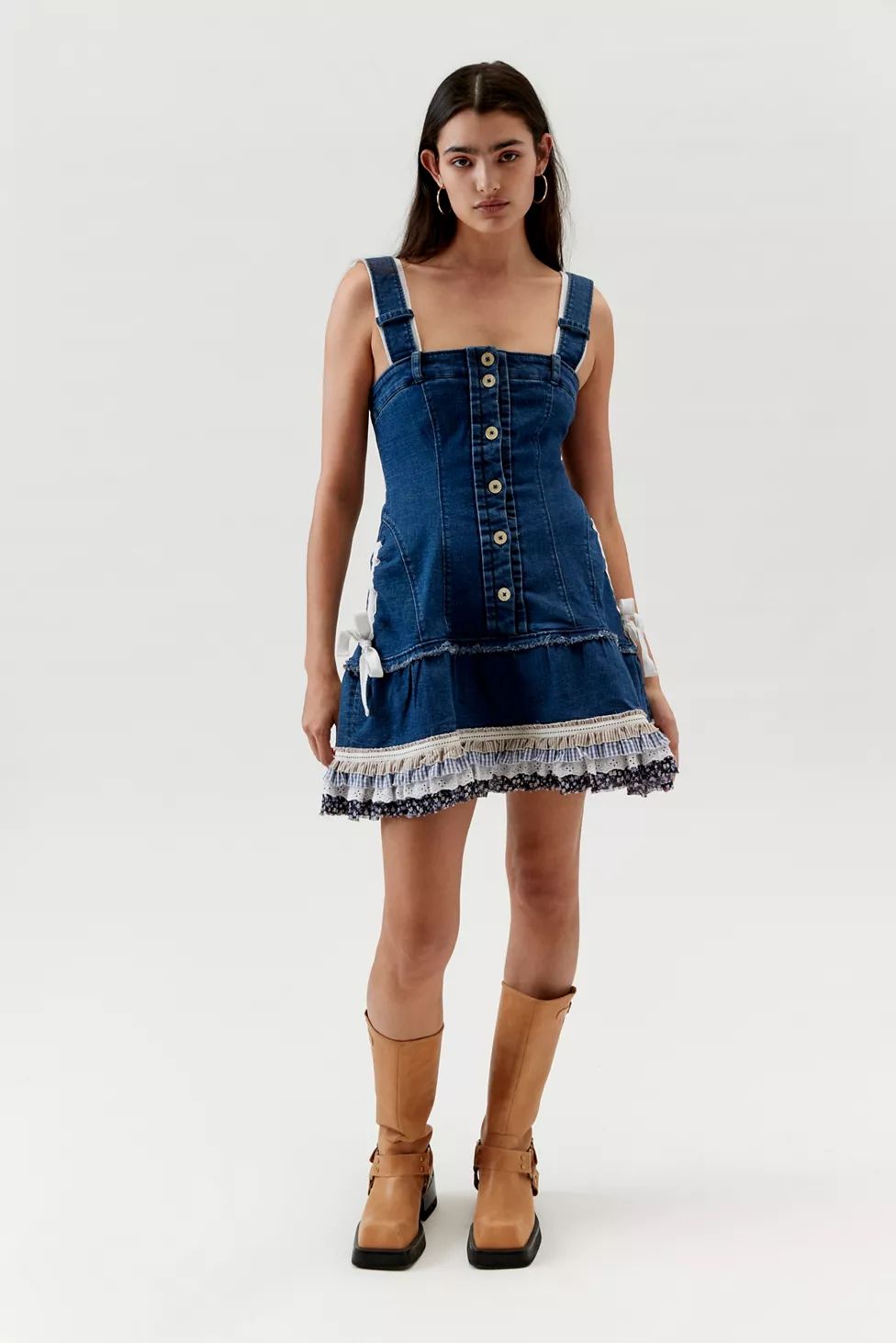 Kimchi Blue Gemma Denim Ruffle Mini Dress | Urban Outfitters (US and RoW)