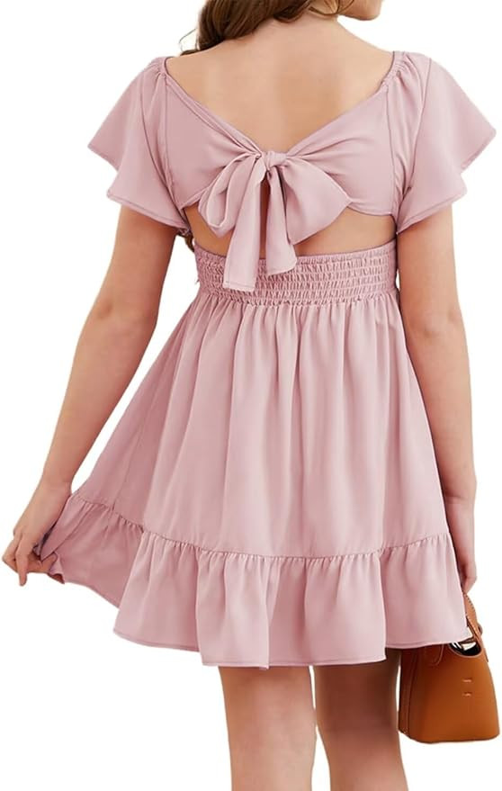 Girls Elegant Ruffle Short Sleeve Back Tie Dresses 6-13 Years Old | Amazon (US)
