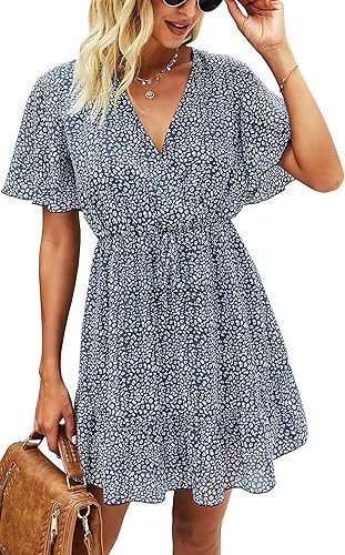 ECOWISH Womens Ruffle Dress V Neck Swing Summer Short Sleeve Floral Sundress Casual Mini Dresses | Amazon (US)