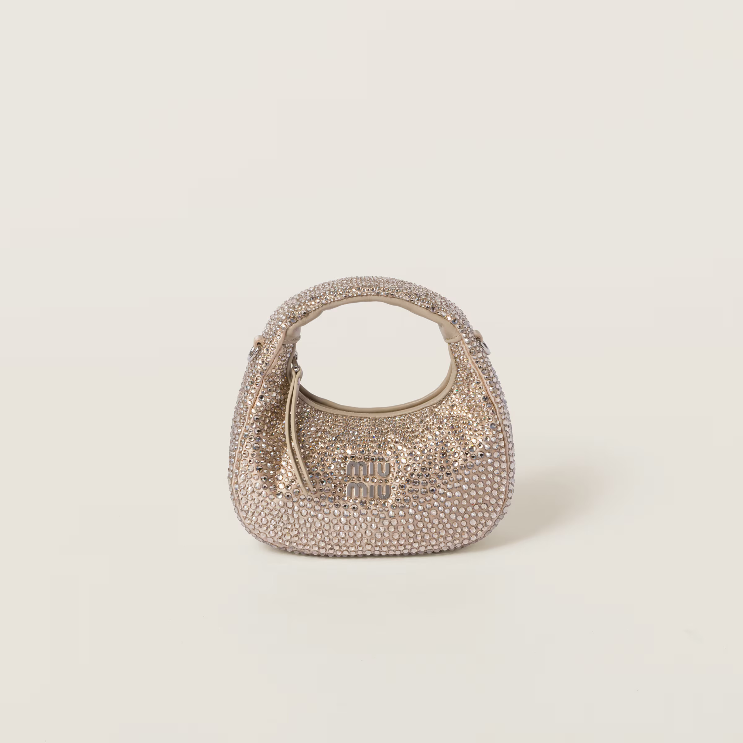 Sand Beige Wander Satin And Silk Mini Hobo Bag With Synthetic Crystals | Miu Miu | Miu Miu US
