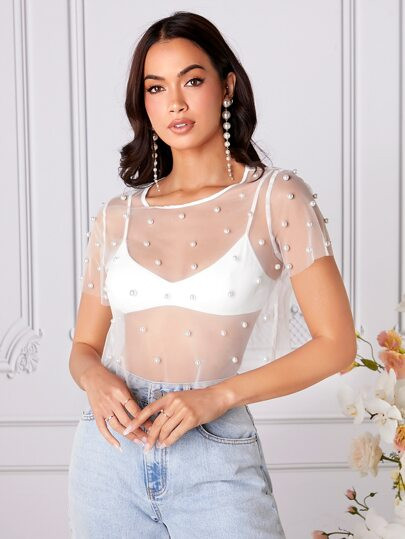 SHEIN Pearls Beaded Mesh Top Without Bra | SHEIN